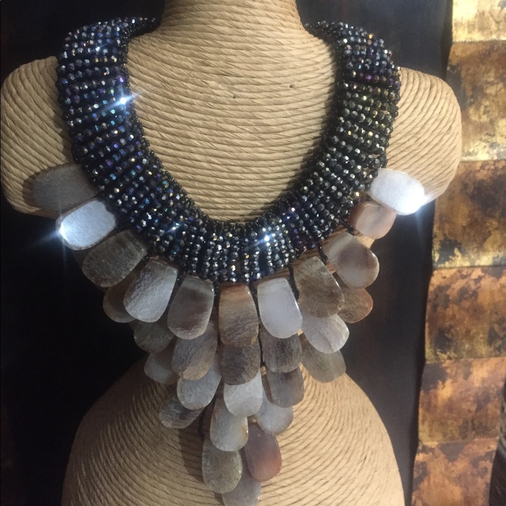 Statement Necklace with Pewter Crystal Collar.